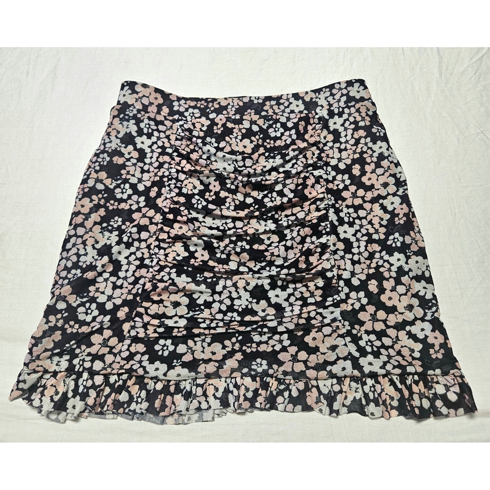 Entro Floral Mini Skirt Womens Medium Black Pink Ruched Mesh Ruffle Hem S17882